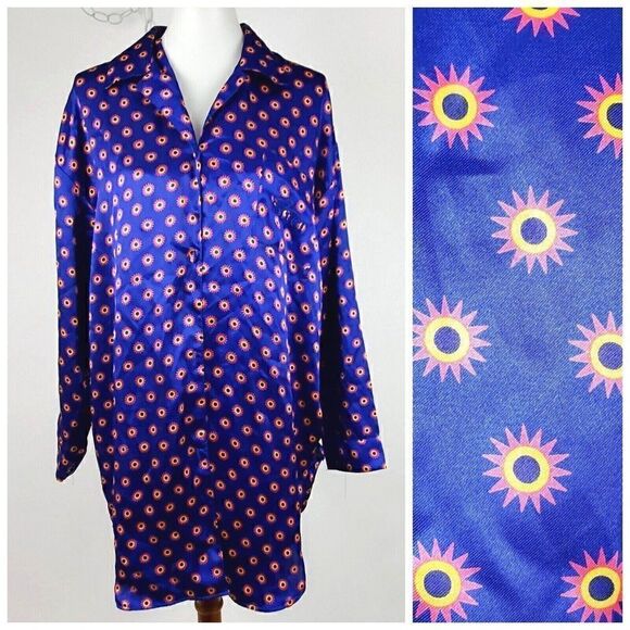Vintage 90s Winston Select Blue Silky Button Down Pajama Shirt Dress Nightgown - Picture 1 of 8